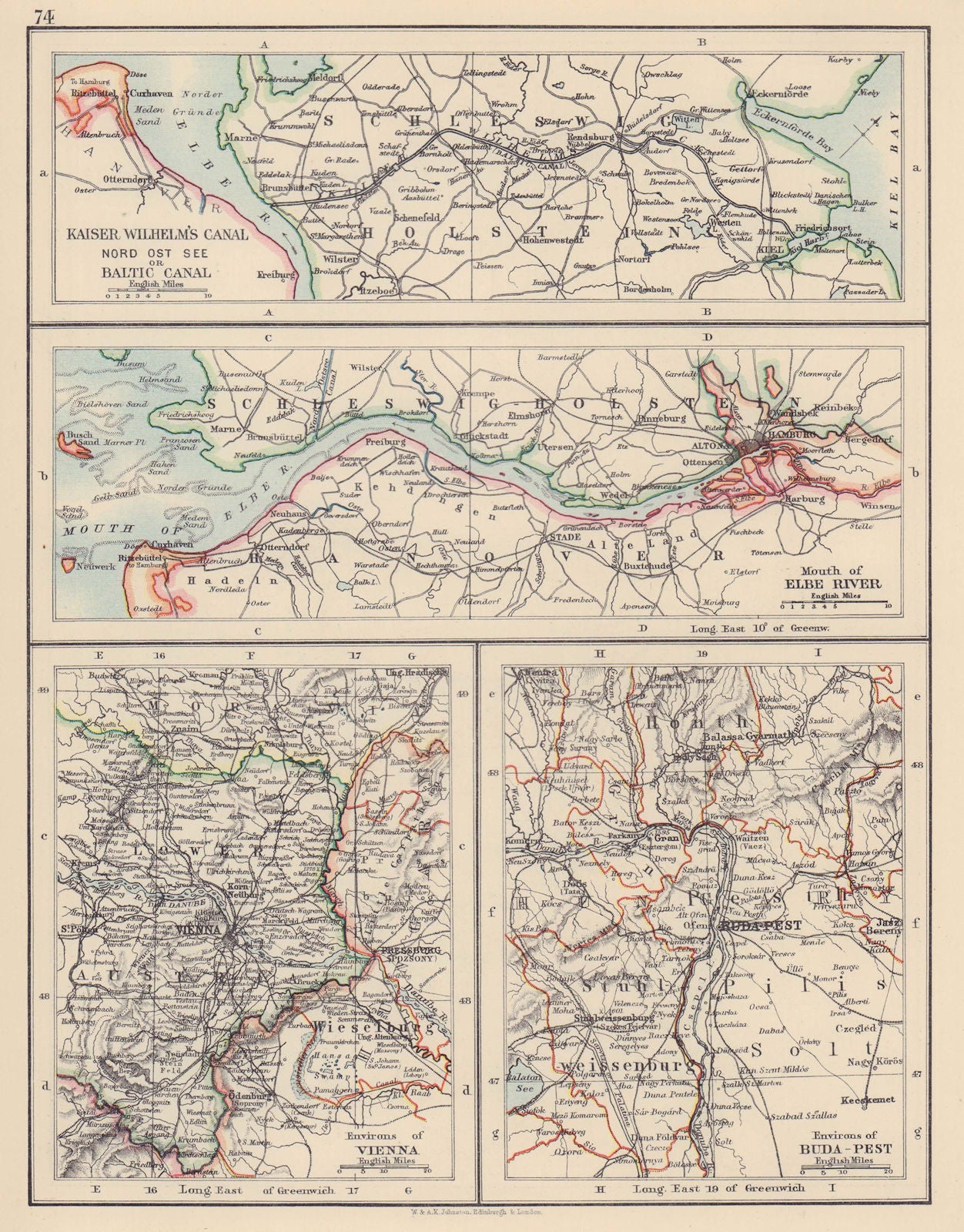 SCHLESWIG WATERWAYS. C EUROPE CITIES. Kiel Canal Elbe Vienna Budapest 1901 map